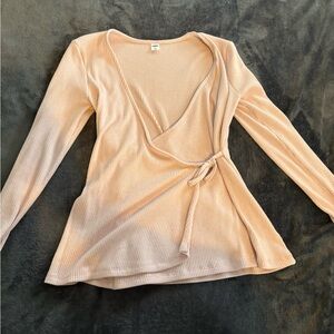 Pink Ribbed Faux Wrap Top